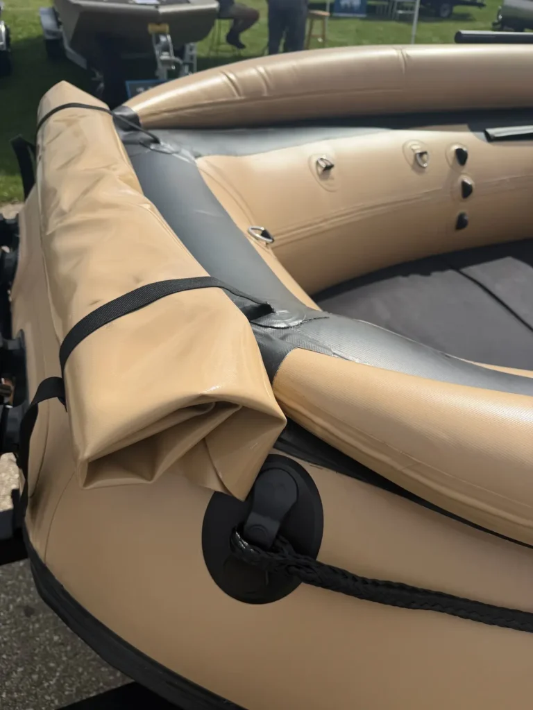 Bow splash hood, front bulwark tubes and heavy duty D-rings on the Seal Craft Jet Raft
