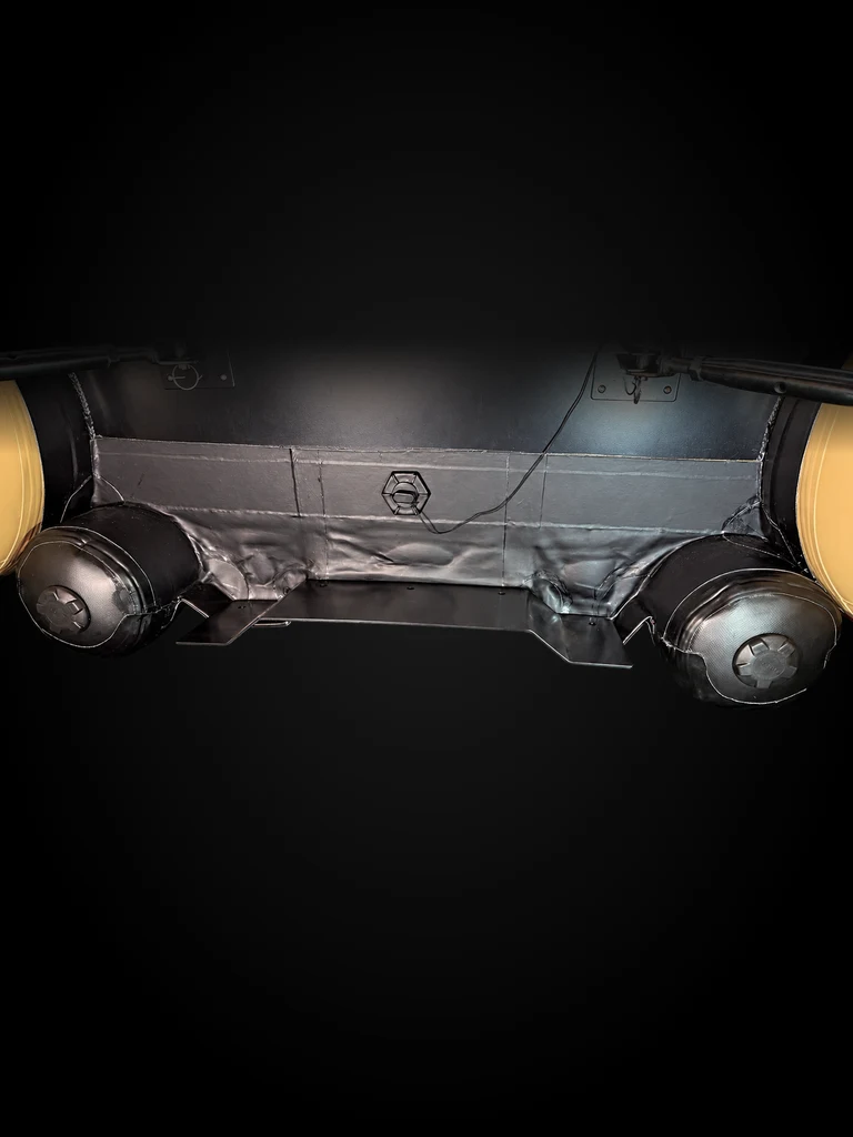 CAT pods and aluminum jet intake on the underside of the Seal Craft inflatable Jet Raft